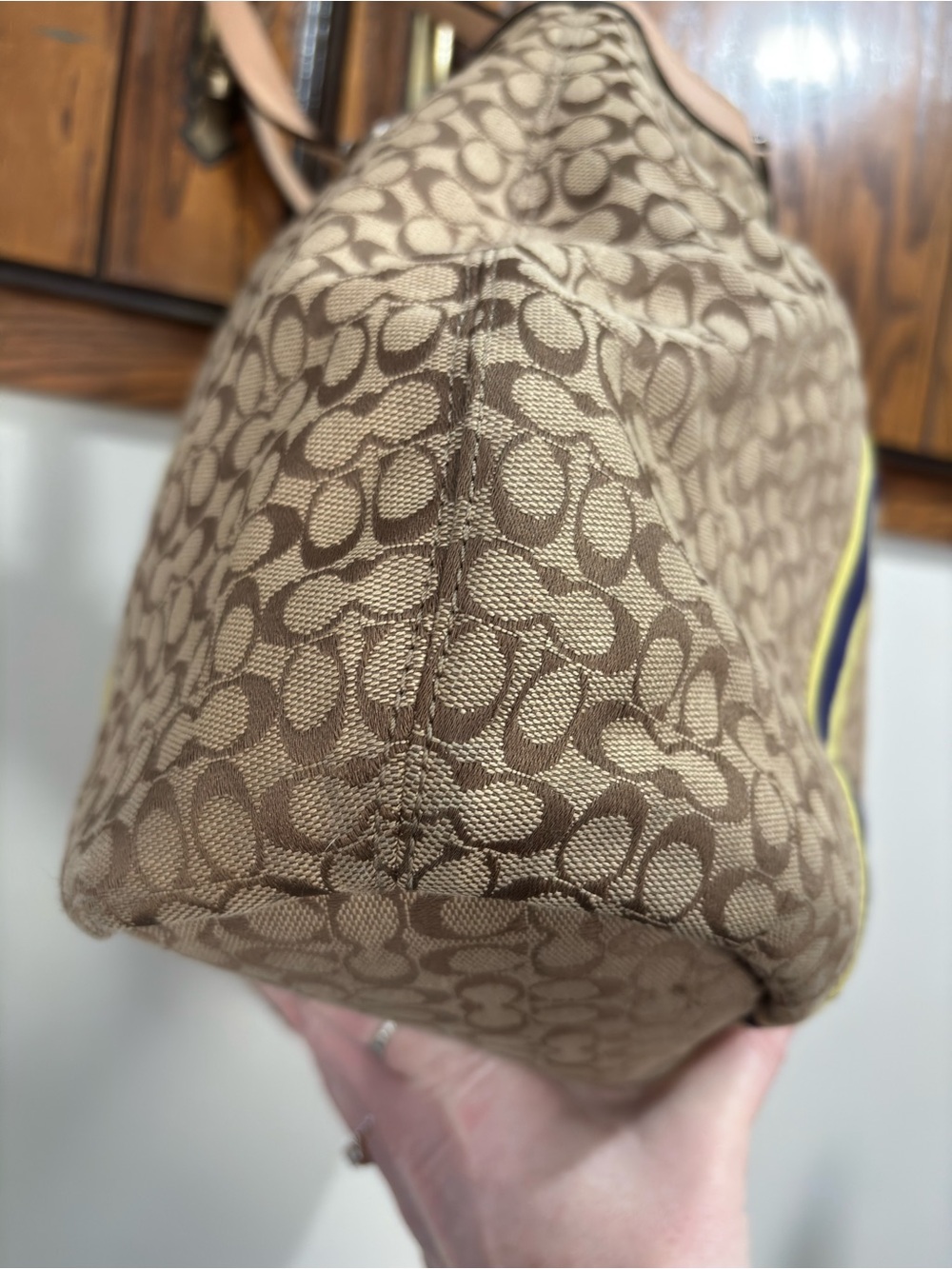 Coach Slouchy Brown Canvas Hobo Tote Purse Leather Trim Navy Yellow Stripes - Picture 4 of 16